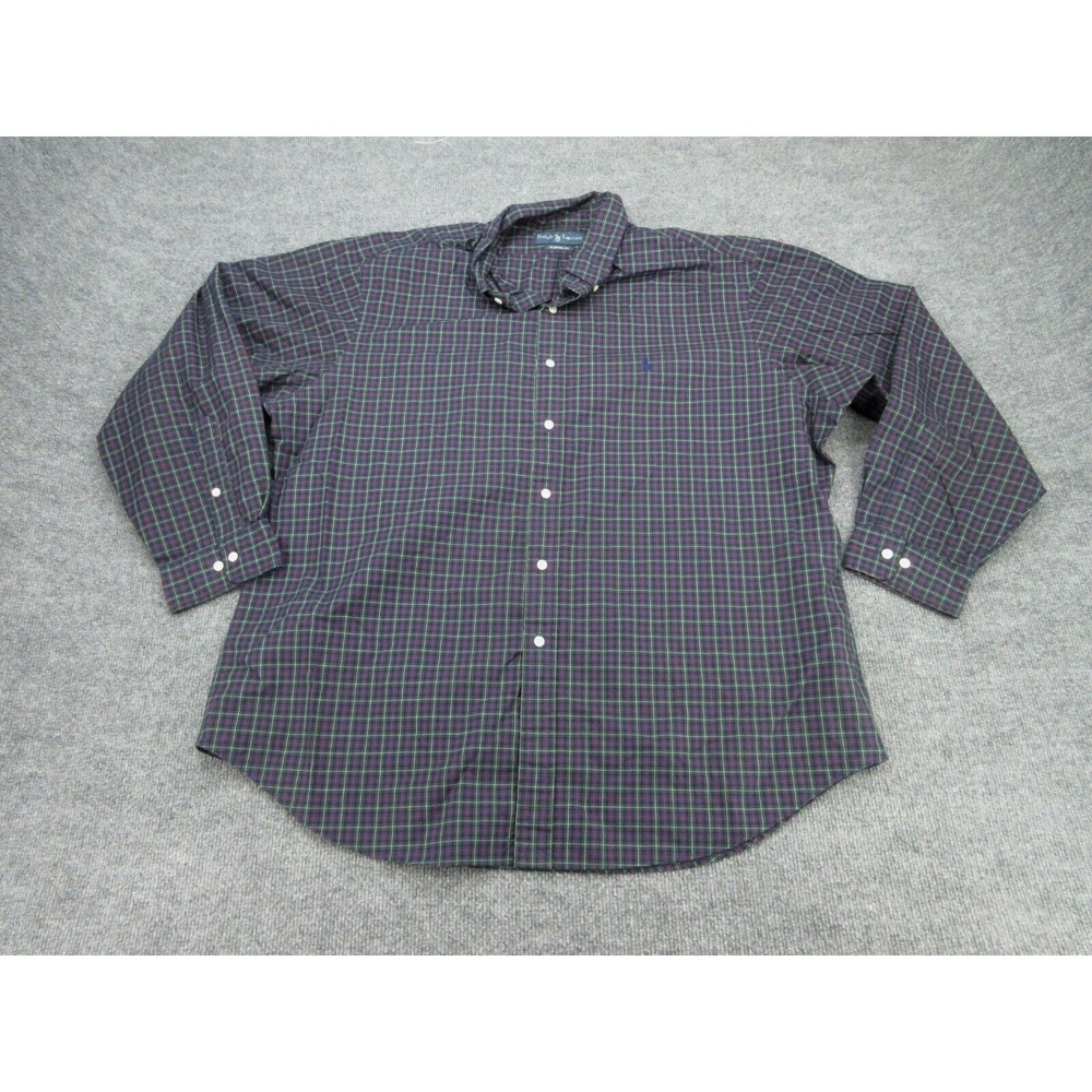 Ralph Lauren Mens Button Front Classic Fit Navy Green Plaid Shirt 18 34/35